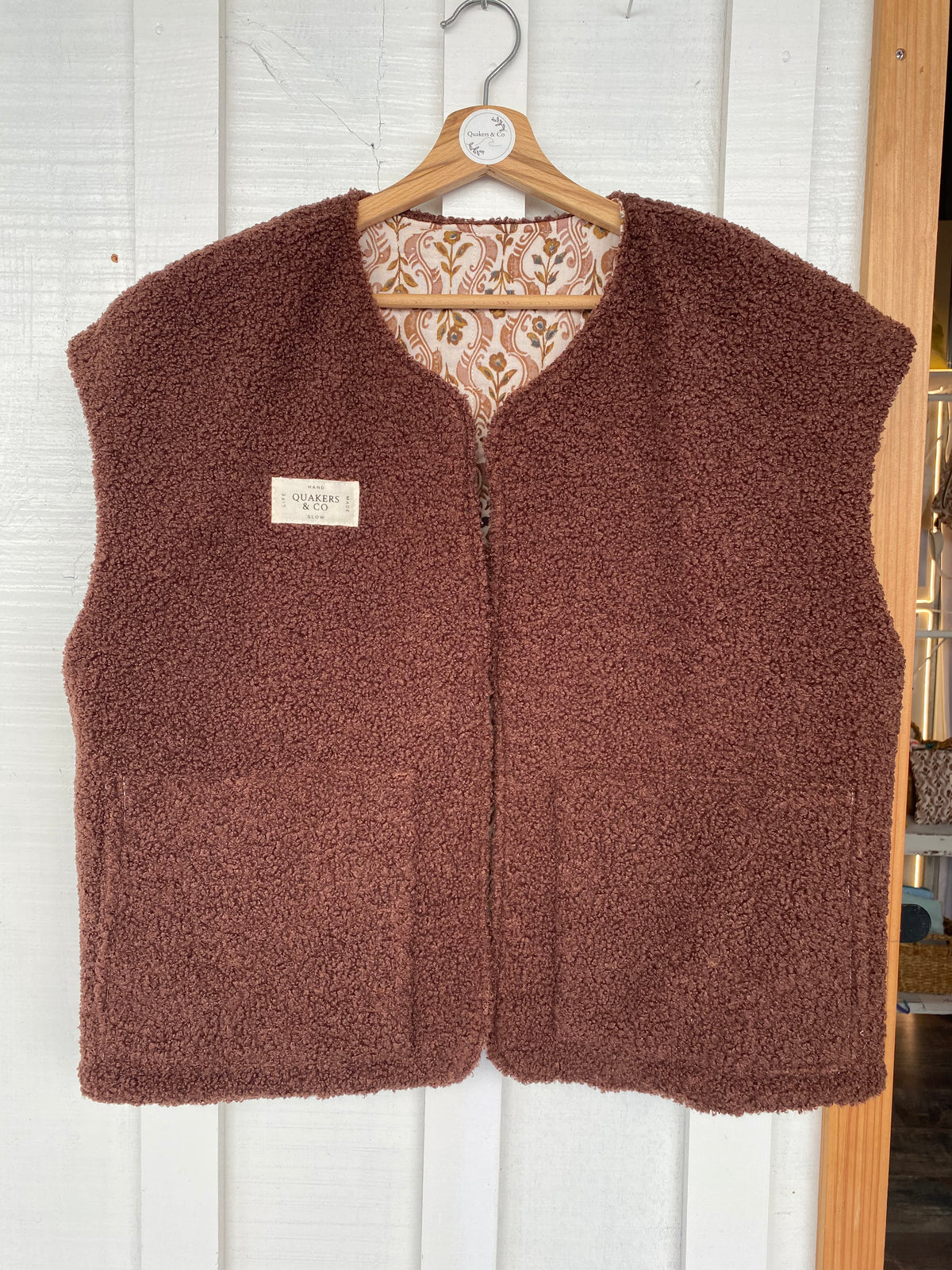 Gilet Suzanne - bouclette marron et gaze de coton matelassée