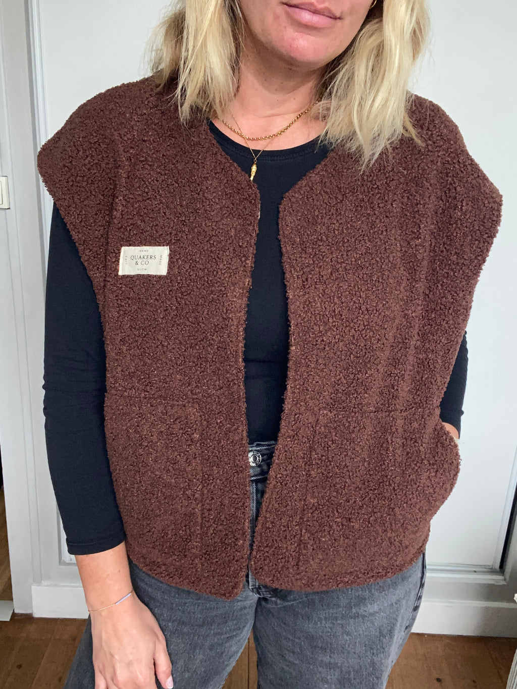 Gilet Suzanne - bouclette marron et gaze de coton léopard