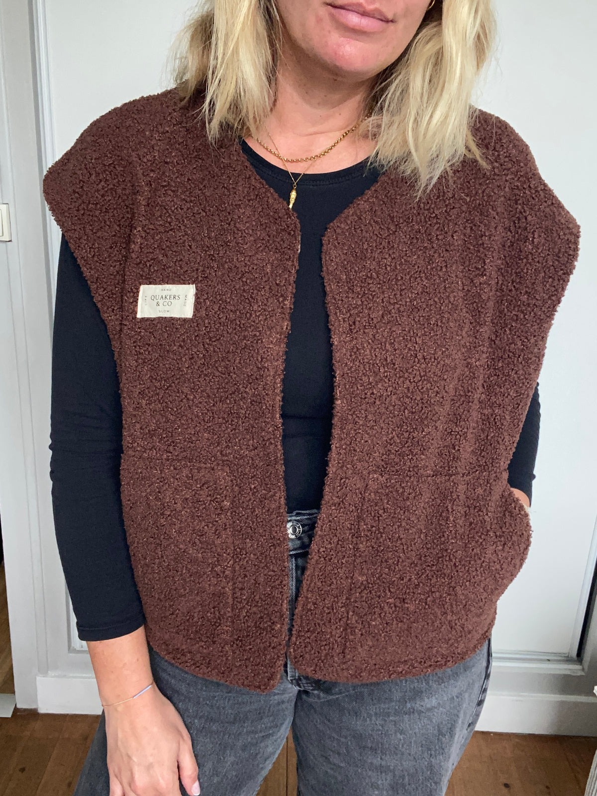 Gilet Suzanne - bouclette marron et gaze de coton léopard