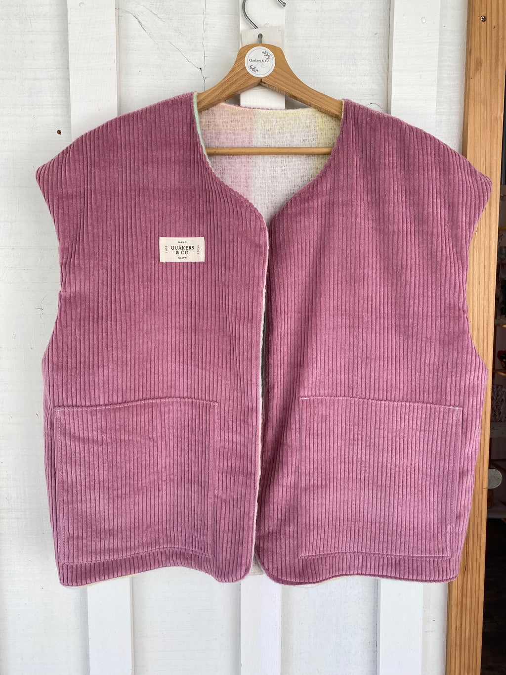 Gilet Suzanne - velours rose et carreaux