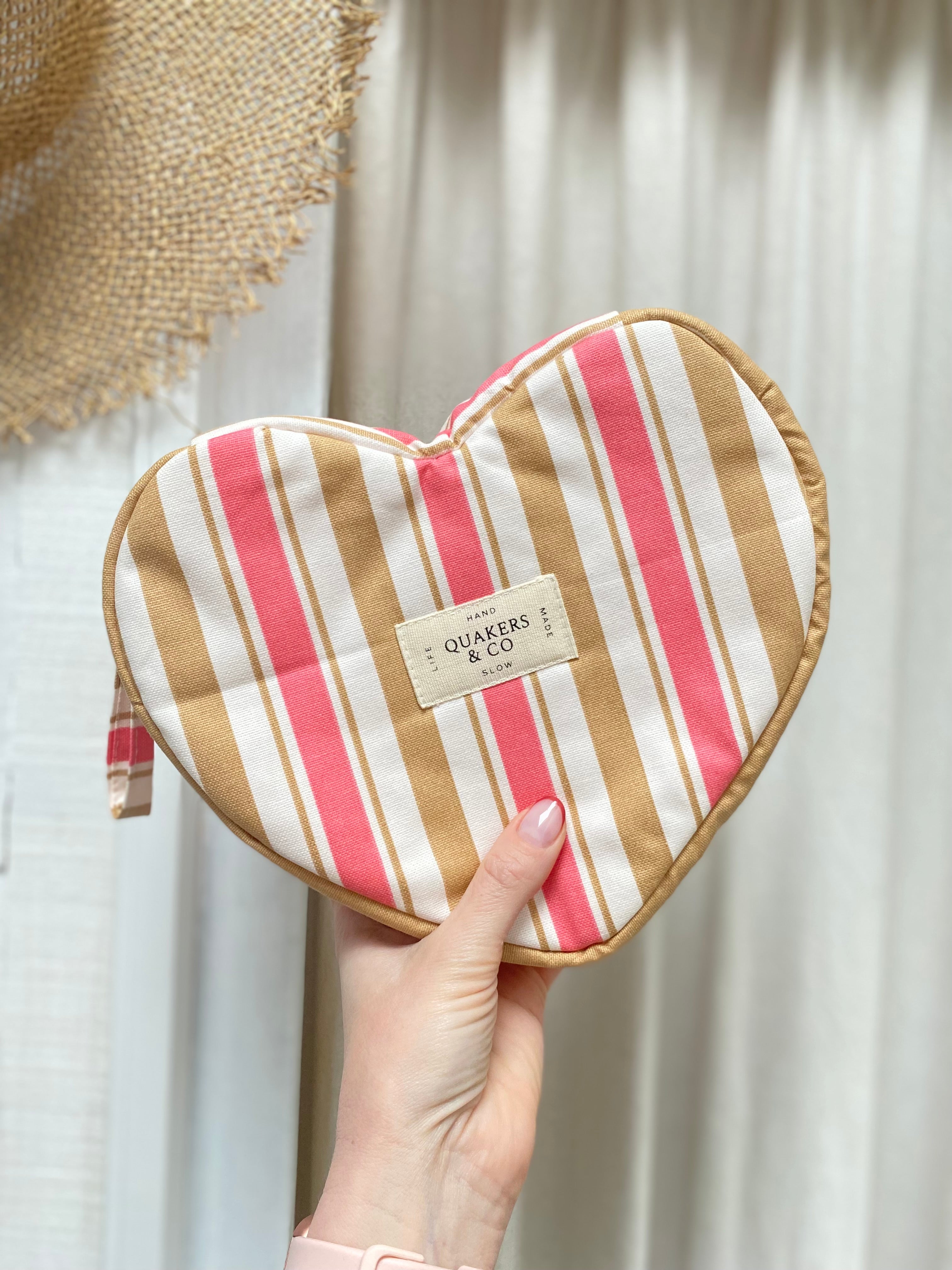 Trousse coeur - Broderie signature artisanale - Rayures rose/camel
