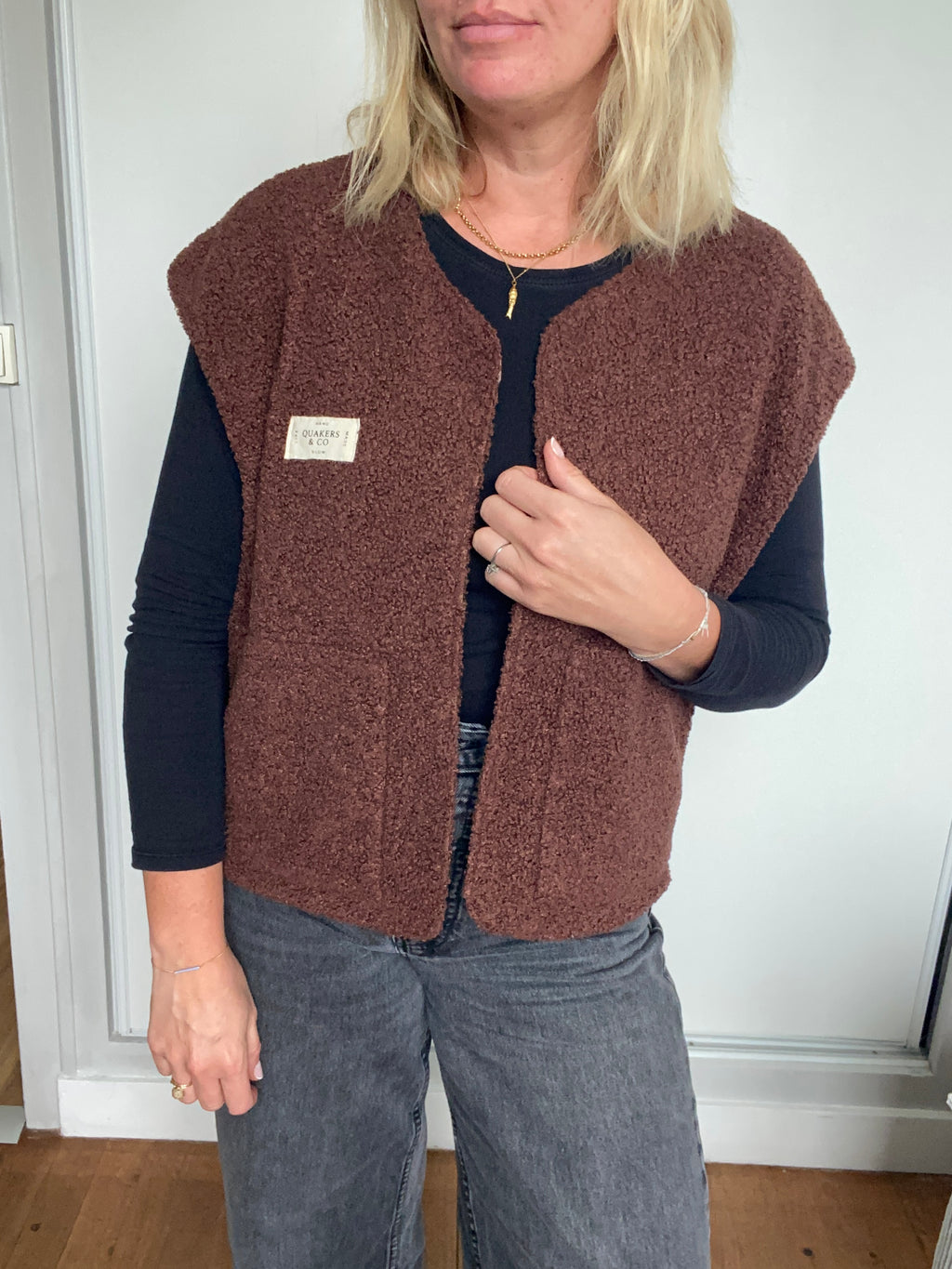 Gilet Suzanne - bouclette marron et gaze de coton léopard