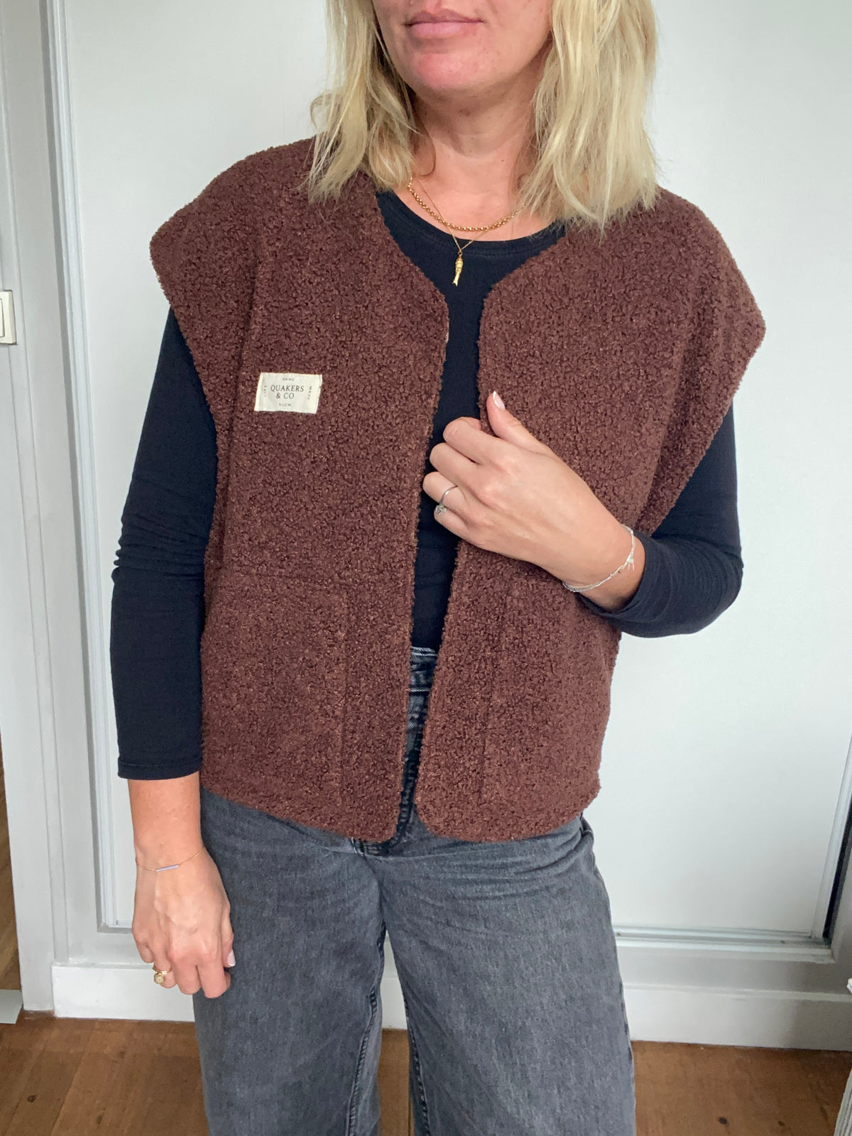 Gilet Suzanne - bouclette marron et gaze de coton léopard