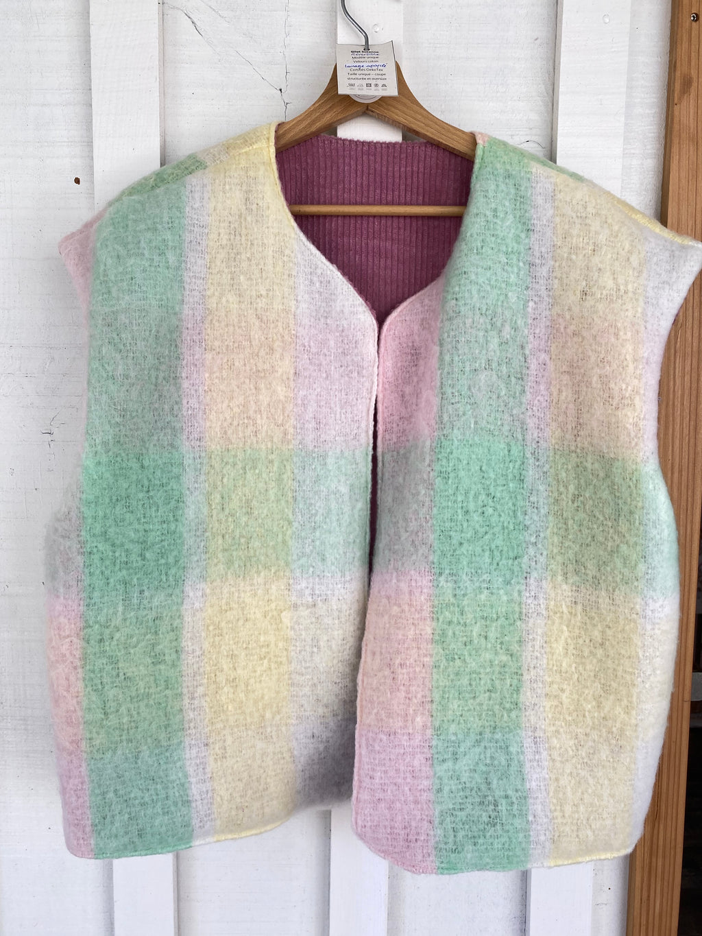 Gilet Suzanne - velours rose et carreaux