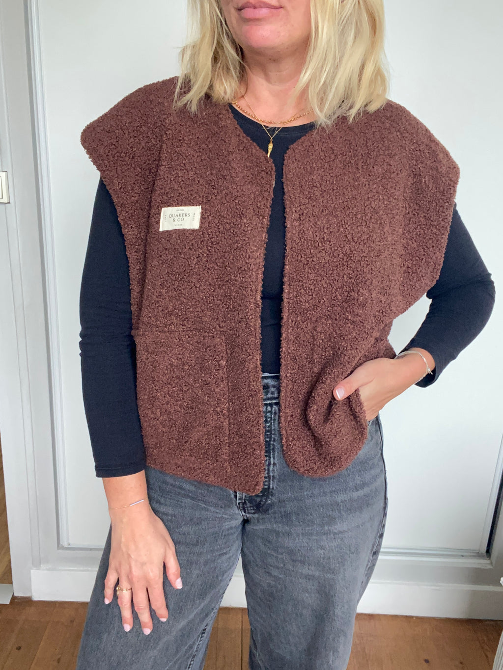 Gilet Suzanne - bouclette marron et gaze de coton léopard