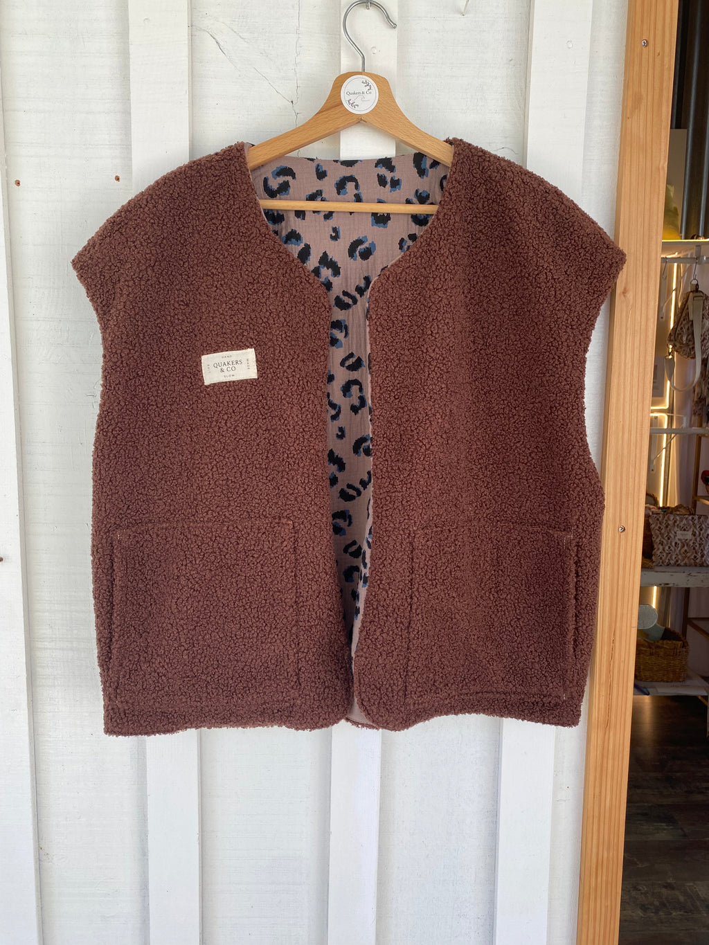 Gilet Suzanne - bouclette marron et gaze de coton léopard