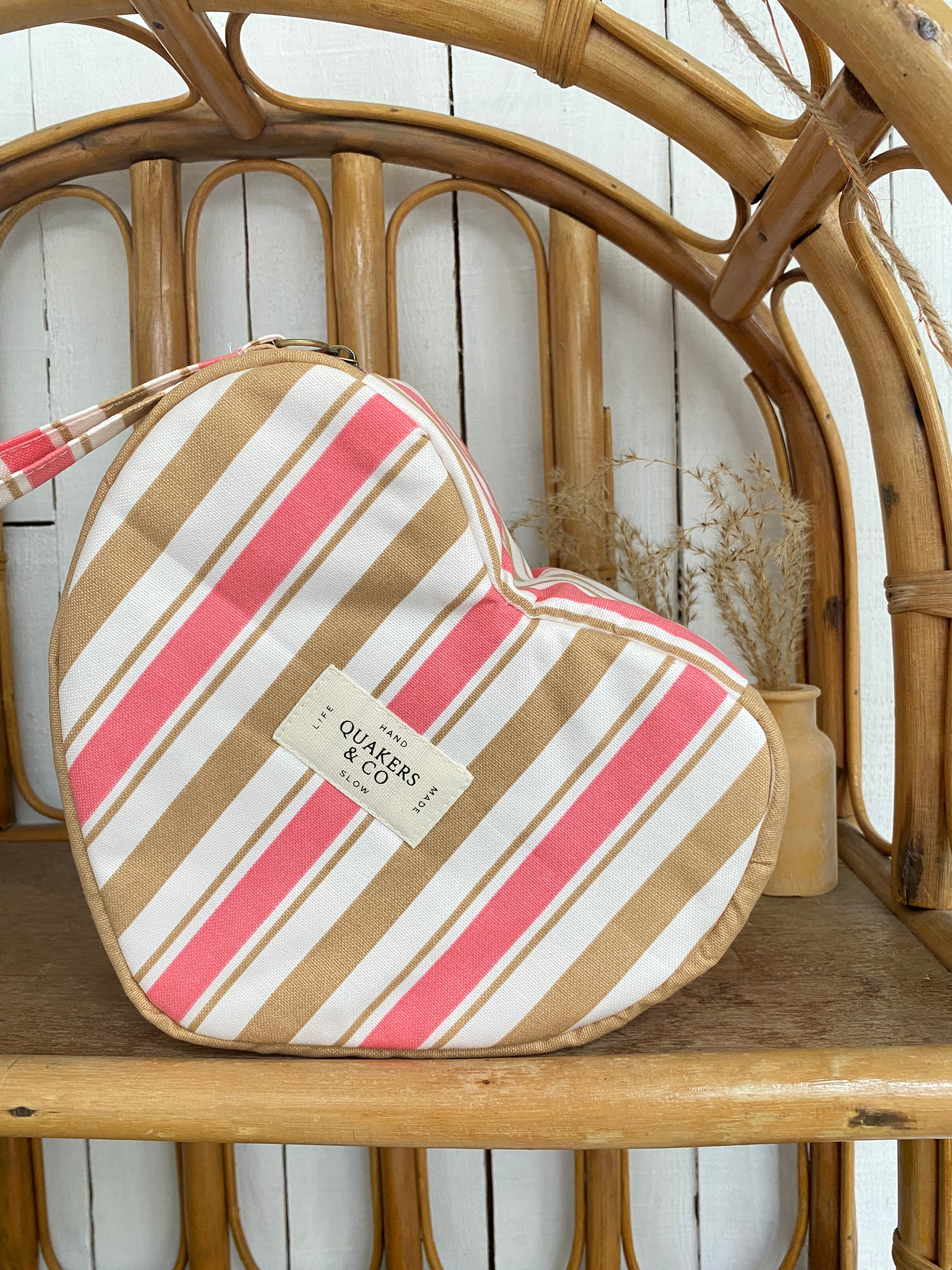 Trousse coeur - Broderie signature artisanale - Rayures rose/camel